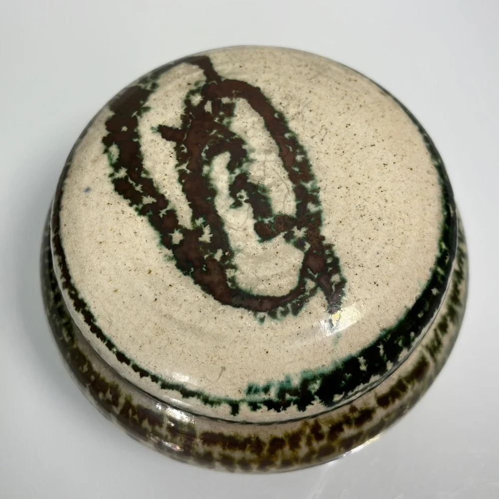 Art Studio Handmade Artist Signed Green Iridescent Glaze Pottery Lidded Urn Jar